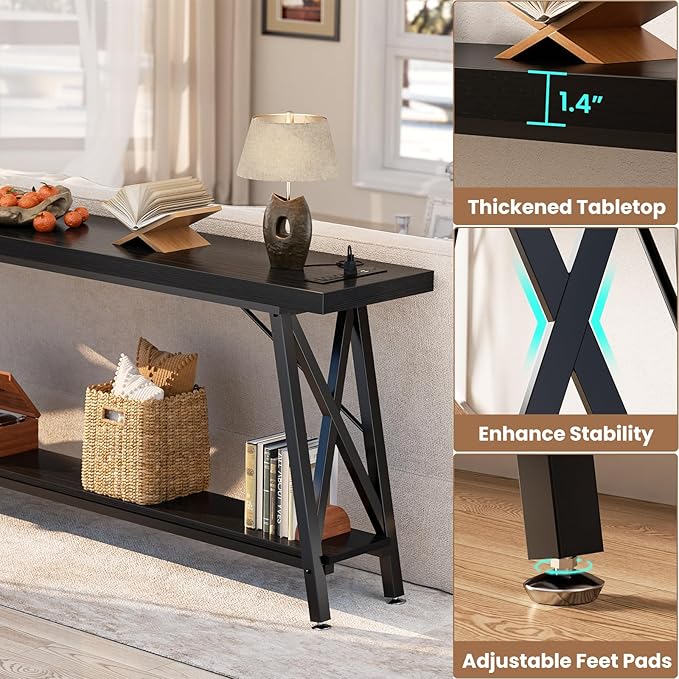Homieasy 70.9 Inch Extra Long Console Table, Industrial Sofa Table Behind Couch with Charging Station & Storage Shelf, Entryway Table for Living Room & Entryway, Black