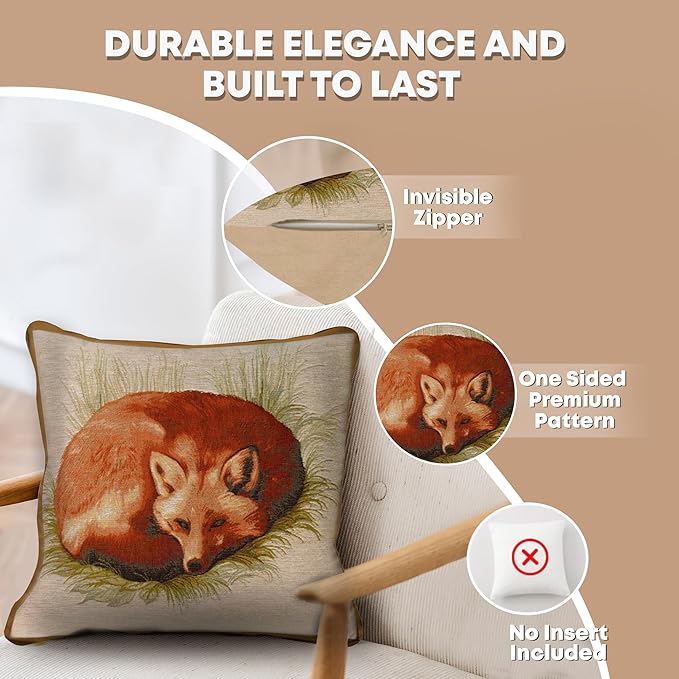 Charlotte Home Furnishings Decorative Pillow Covers for Couch 19x19 in, Tapestry Throw Pillow Cover for Living Room Bed Decor, Fox French Country Sofa Cushion Cases, Soft Cotton Jacquard Woven