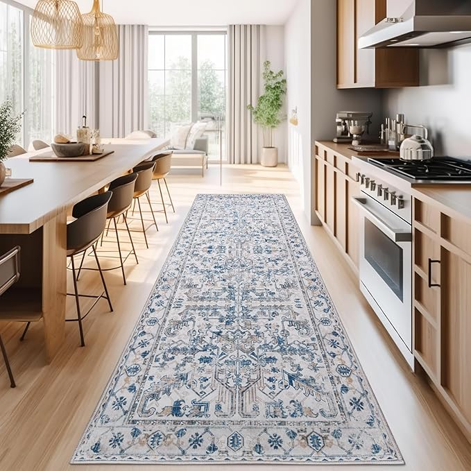 jinchan Lima Hallway Runner Rug 3x10 Washable - Vintage Floral Non Slip Low-Pile Soft Ultra-Thin Faux Wool Kitchen Rug Distressed Carpet Runner for Farmhouse Bedroom Laundry (3x10ft, Blue)