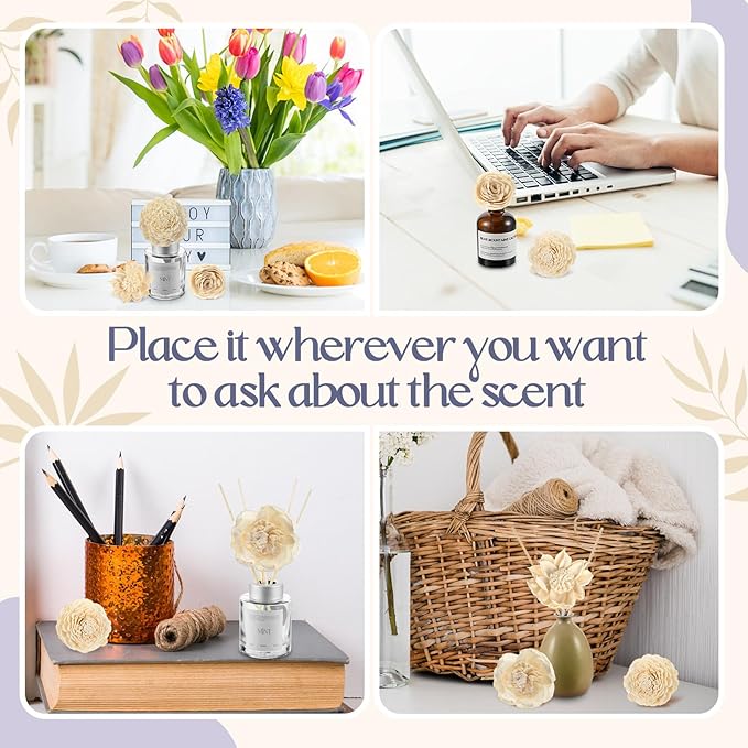 Waydress 15 Pcs Diffuser Mixed Sola Flowers Natural Material Aromatherapy Reed Wood Flowers Decorative Aromatherapy Flower Placement Refill Wood Flower Diffuser with Rope (1.57-3.15 Inches,Classis)