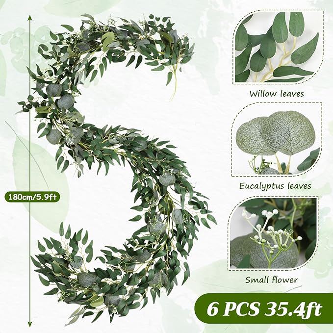 6pcs Artificial Eucalyptus Garland, 5.91 Feet Faux Greenery Artificial Hanging Fake Leaves Vines for Wedding Backdrop Arch Table Wall Party Home Mantle Decor(Eucalyptus Willow Leaves)