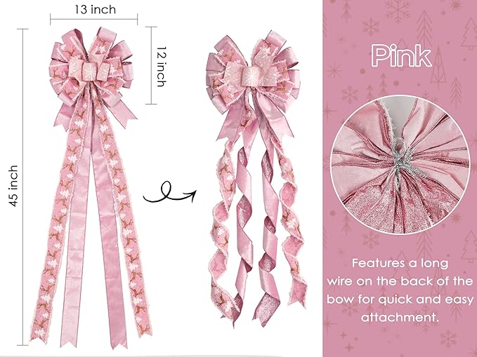HUIHUANG Pink Christmas Tree Topper Bow 13 inch x 45 inch Large Christmas Bows Pink and White Snowflake Velvet Bows for Christmas Tree Ornament, Wreaths, Staircase, Mantel, Home Decor