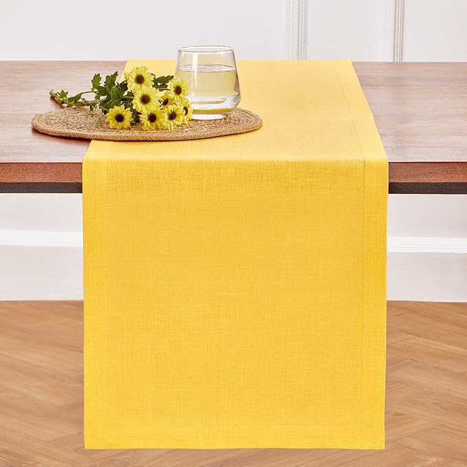 Solino Home Linen Table Runner 48 Inches - 100% Pure Linen Marigold Yellow Table Runner 14 x 48 Inch Ideal for Dresser and Coffee Tables, Spring, Easter - Diana Medium Weight