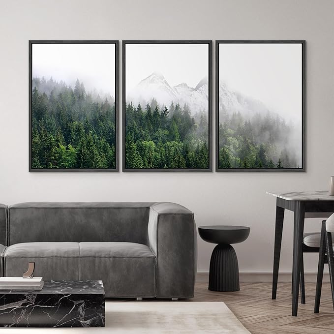 SIGNWIN Framed Canvas Print Wall Art Set Winter Mountain Misty Forest View Nature Wilderness Photography Modern Art Rustic Landscape Relax/Calm for Living Room, Bedroom, Office - 16"x24"x3 Black