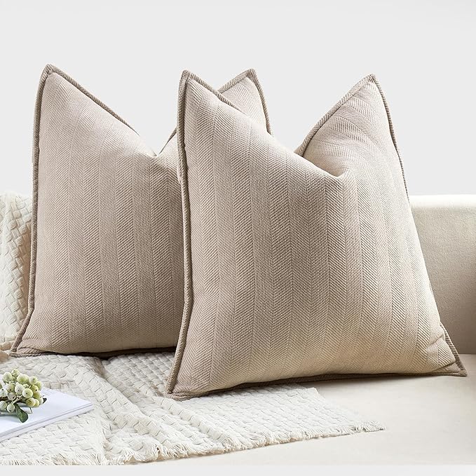 MIULEE Pack of 2 Beige Decorative Pillow Covers 24x24 Inch Soft Chenille Luxurious Couch Throw Pillows Farmhouse Cushion Covers Euro Shams with Elegant Design for Sofa Bedroom Living Room Home Decor
