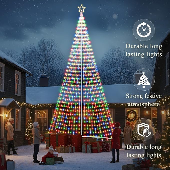 Riakrum 20ft-3199 LED Flagpole Christmas Tree Lights Outdoor Decorations with Star Topper, 8 Lighting Modes Pre-lit LED Flagpole Christmas Lights Multicolor, Outside Yard Holiday Display