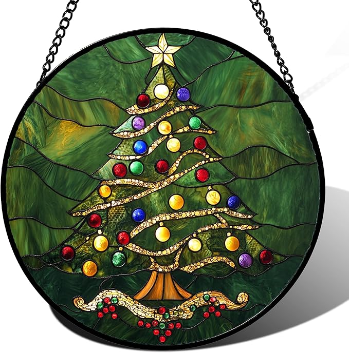 Stained Glass Window Hanging - Green Christmas Tree with Colorful Lights Suncatcher for Doors Home Christmas Decoration Sun Catcher Thanksgiving New Year Birthday Gifts for Women Men Mom Nana 15 in