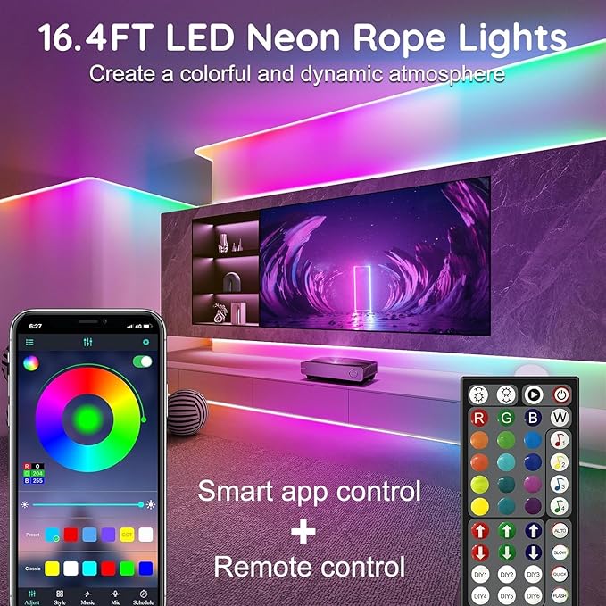 50Ft Neon Rope Lights,Flexible Led Rope Lights Control with App/Remote,Multiple Modes Music Sync Gaming RGB Led Neon Lights for Bedroom Outdoor