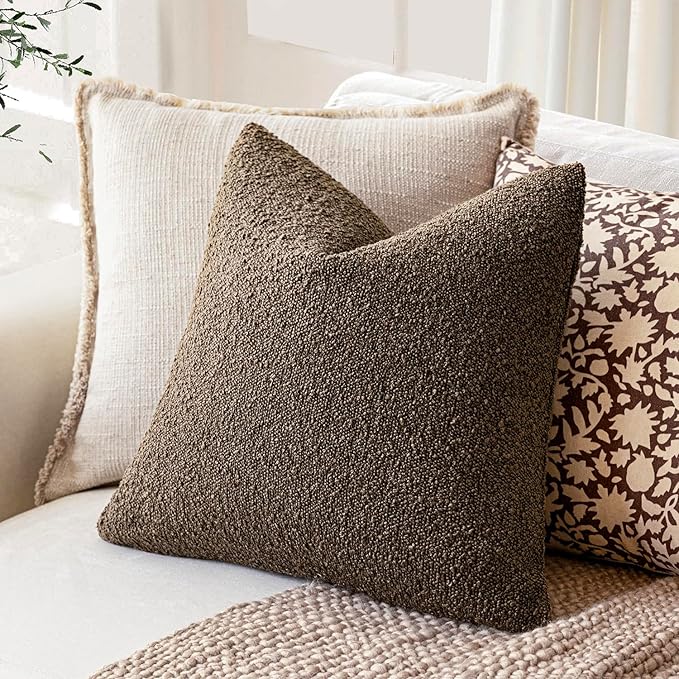 Foindtower Pack of 2 Textured Boucle Throw Pillow Covers Accent Solid Pillow Cases Cozy Soft Decorative Couch Cushion Case for Chair Sofa Bedroom Living Room Home Decor 18x18 Inch Light Brown