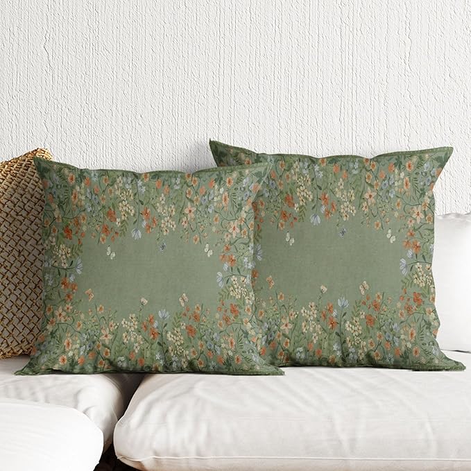 Floral Throw Pillow Covers 18x18 Inch Boho Wildflowers Throw Pillow Covers for Couch Green Decorative Pillowcases Rustic Nature Botanical Butterfly Farmhouse Sofa Cushion Cover Sets of 2