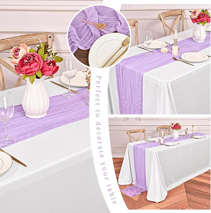 12 Pack Lavender Cheesecloth Table Runner 10FT Cheese Cloths for Wedding Decor, 20x120inch Rustic Boho Gauze Table Runners for Wedding Party Bridal Shower Table Decoration
