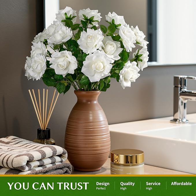 Artificial Flowers Artificial Roses Fake Roses 23.2In Long Stem Artificial Flowers for Tall Vase Silk Rose 20PCS Suitable for Indoor Decor Wedding Party Decoration DIY Bouquet Spring,White