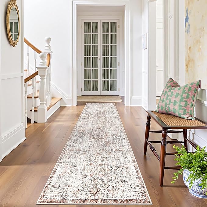 jinchan Kalen Runner Rug 2x10 Washable Hallway Rug Vintage Indoor Thin Retro Floor Cover Distressed Floral Country Lightweight Non Slip Carpet for Entryway Bathroom Bedroom Living Room Stairway Red