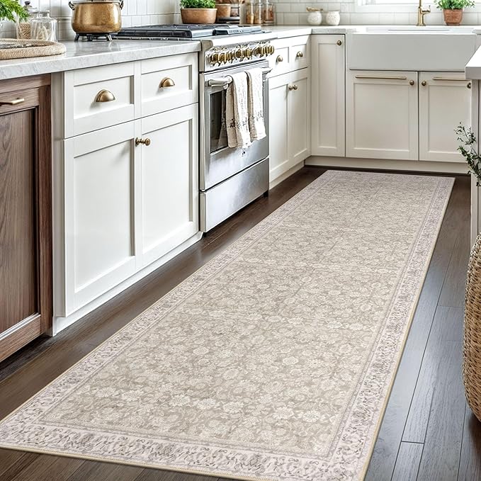 3x8 Washable Runner Rug for Kitchen, Cream Beige White Grey Soft Classic Runner with Non-Slip, Non-Shedding Distressed Floral Rug for Hallways Entryway Bedroom Laundry Indoor