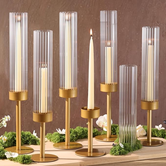 Volens Hurricane Glass Candle Holders Gold: Set of 6 Taper Candle Holders with Ribbed Cylinder 11'' Tall Windproof Chimney Cover for Outdoor/Indoor Table Centerpiece Wedding Party Home Decor