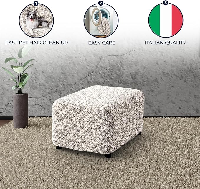 PAULATO BY GA.I.CO. Ottoman Slipcover - Stretch Stool Sofa - Pouf Protector for Pets and Kids - Soft Ottoman Cover - Durable Furniture Slipcovers - Microfibra Print Collection - Venezia Cream