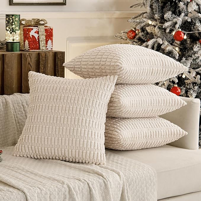 MIULEE Pack of 4 Cream White Corduroy Decorative Throw Pillow Covers 16x16 Inch Soft Boho Striped Pillow Covers Modern Farmhouse Home Decor for Sofa Living Room Couch Bed