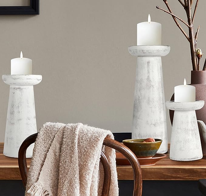 Hand Crafted Wooden Pillar Candle Holder Set of 3, Ideal for LED and Pillar Candle, Gift for Wedding, Christmas, Party, Home, Spa, Reiki, Aromatherapy,Votive Candle Gardens, 10,8,6 Inch, Antique White