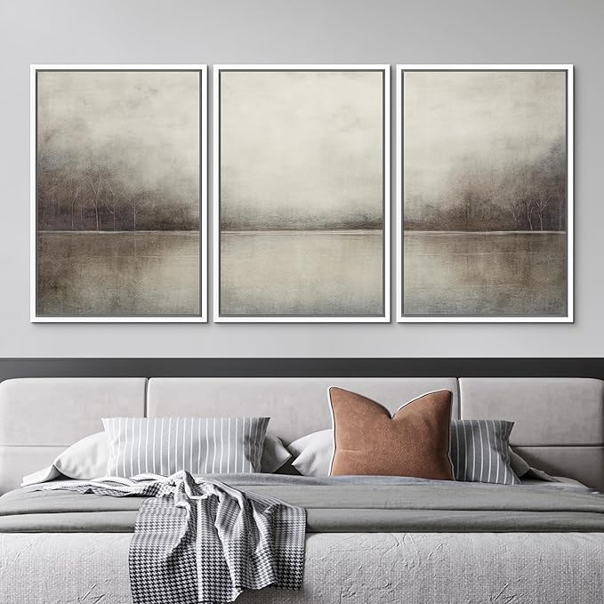 MUDECOR Framed Canvas Print Wall Art Set Abstract Landscape Nature Wilderness Illustration Modern Art Decorative Realism Rustic Vintage for Bedroom - 24"x36"x3 White