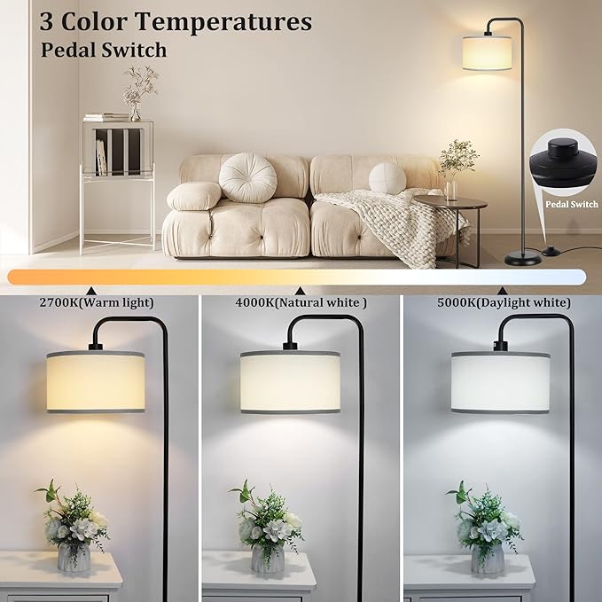[Upgraded] LED Floor Lamp for Living Room, 3 Color Temperature Floor Lamp with Foot Switch Modern Standing Lamp Tall Pole Floor Reading Lamp for Bedroom, Study Room, Office, 9W Bulb Included, Black