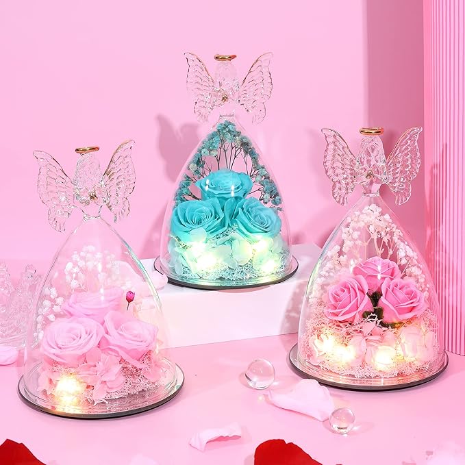 Christmas Rose Gifts for Women Preserved Real Flower in Glass Angel Figurines Roses for Delivery Prime Birthday Gifts for Mom Grandma Girlfriend Wife Her - Tify Blue