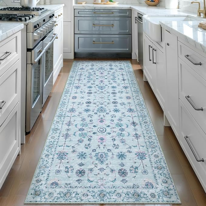 Tangsoo Washable Runner Rug for Hallway Non Slip, 2x6 Boho Floral Vintage Carpet Runner Rugs for Entryway, Floor Soft Low Pile Runners for Kitchen Bathroom Laundry Bedroom Alfombra Blue Farmhouse
