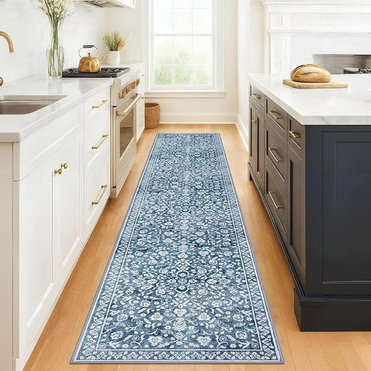 Vintage Runner Rugs for Hallway 3x12, Blue and White Washable Long Hallway Runner Rug Non Slip, Super Soft Kitchen Runner Rug, Print Faux Wool Floral Thin Carpet Hall Runner