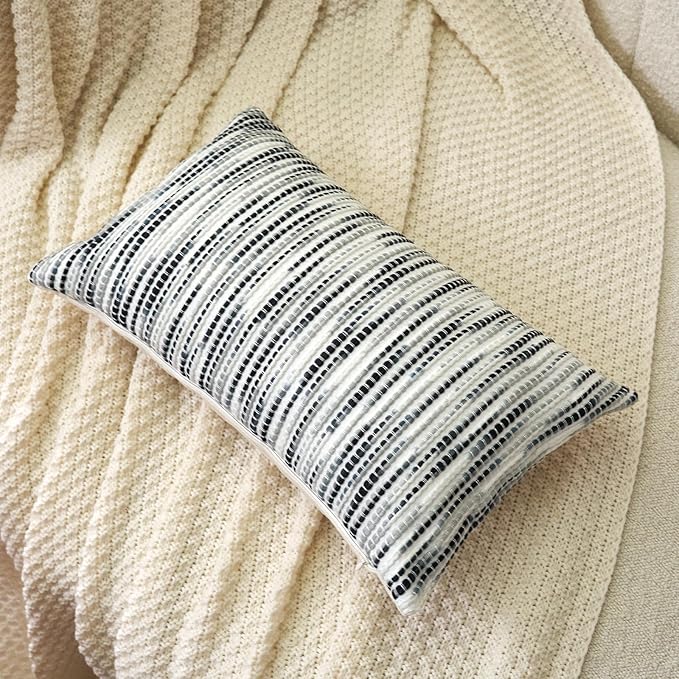 Aeckself Boho Striped Pillow Cover 12x20, Rectangle Decorative Lumbar Throw Pillow Cover Chenille Neutral Pillowcase for Couch Bedroom Living Room, Black Gray