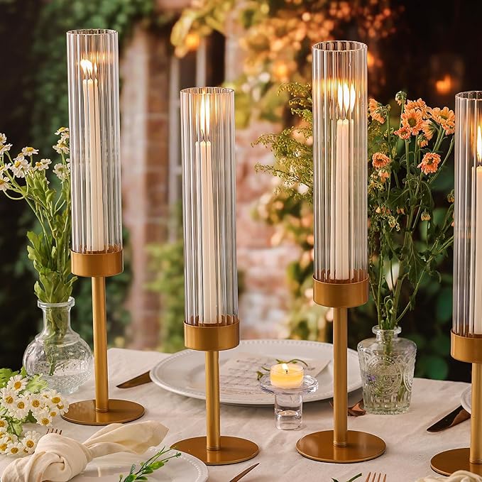 Volens Hurricane Glass Candle Holders Gold: Set of 6 Taper Candle Holders with Ribbed Cylinder 11'' Tall Windproof Chimney Cover for Outdoor/Indoor Table Centerpiece Wedding Party Home Decor
