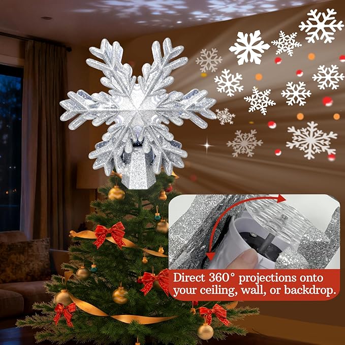 Christmas Tree Topper Lighted - Glitter Christmas Snowflake Tree Topper with Built-in LED Rotating Projector - Dynamic Snowflake Projection for Christmas Decorations（Sliver）