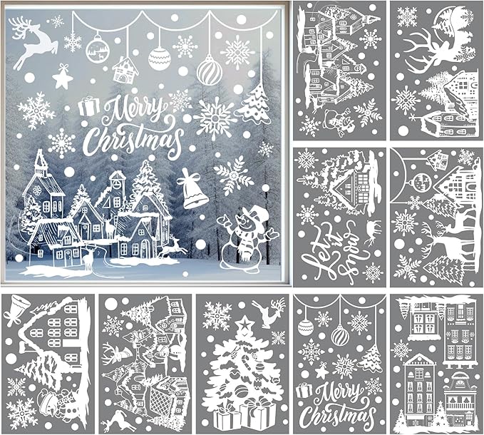 9 Sheet Christmas Snowflake Window Clings Winter Wonderland Decal Stickers Let it Snow Reindeer Snowman Window Seasons Decals for Elk Snowball Holiday Home Kitchen Living Room,9 Sheets (Winter2)