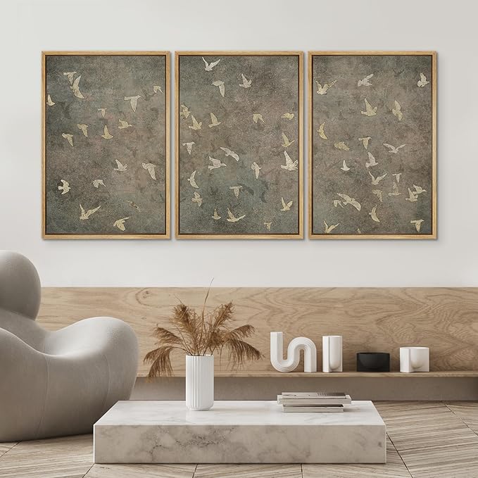 SIGNWIN Framed Canvas Print Wall Art Set Abstract Golden Birds in Flight Illustrations Modern Art Decorative Rustic Calm/Zen for Living Room, Bedroom, Office - 16"x24"x3 Natural