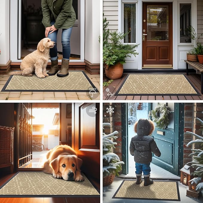 Smiry Front Door Mat Outside Entrance, Heavy Duty Sturdy Natural Rubber Doormat, Trap Dirt and Moisture, Easy Clean Low Profile Mats for Indoor Outdoor Entry, Grid Geometric (29.5x17, Beige)