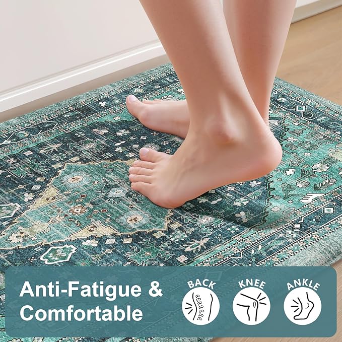 Collive Farmhouse Anti Fatigue Kitchen Mat, Cushioned Kitchen Rug Sets of 2 Waterproof Non Slip Kitchen Floor Mats Ergonomic Comfort Standing Mat for Laundry, Office, Sink, Desk, Teal/Multi