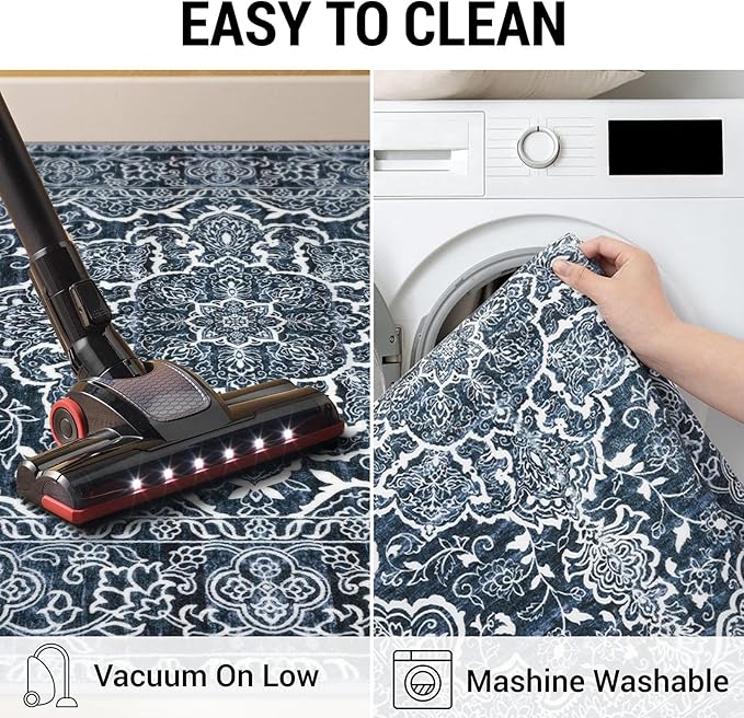 KUTA Vintage Small Area Rug 2x3 Non-Slip Washable Entryway Rugs Navy Blue Ultra Soft Modern Floral Doormat Printed Retro Distressed Carpet Accent Farmhouse Kitchen Throw