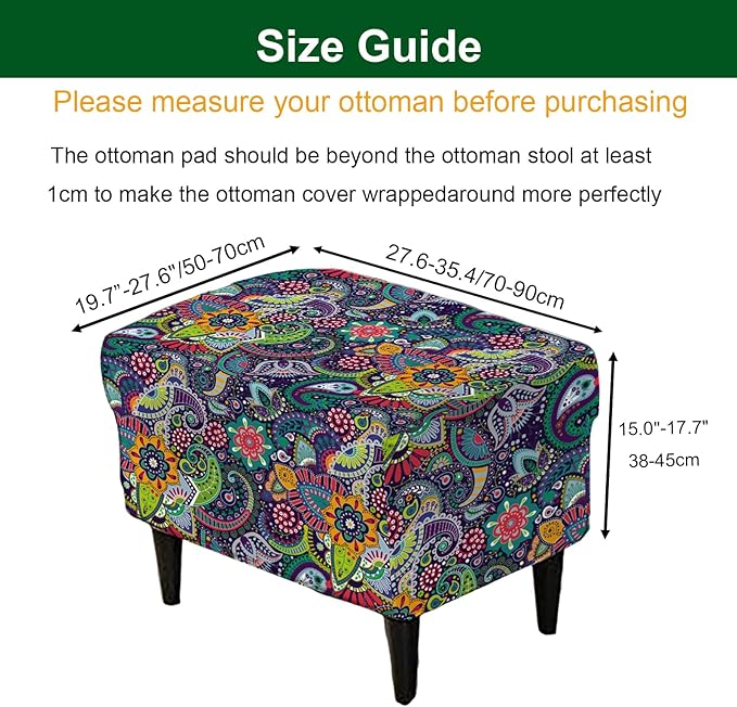 CRFATOP Ottoman Chair Cover Large Ottoman Chair Slipcovers Printed Rectangle Storage Stool Cover Stretch Footstool Footrest Furniture Protector for Bar Counter Living Room,C04