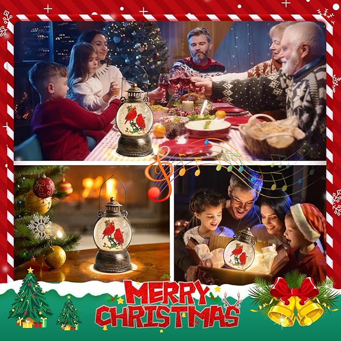 Christmas Cardinal Snow Globe 10.4In High, Cardinal Musical Snow Lantern Globe Lights with 6 Hour Timer and Batteries Powered,Retro Style Holiday Glitter Globe for Xmas Home Decoration and Santa Gifts