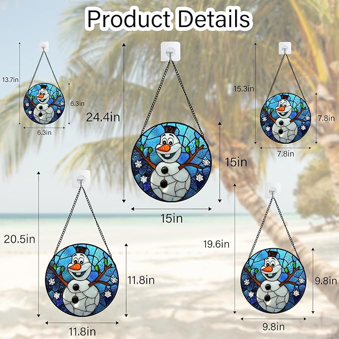 Stained Glass Window Hanging Christmas Funny Snowman 11.8" - Suncatcher Door Garden Blue White Snowflakes Sun Catcher New Year Birthday for Friend Mom Men Woman Nana