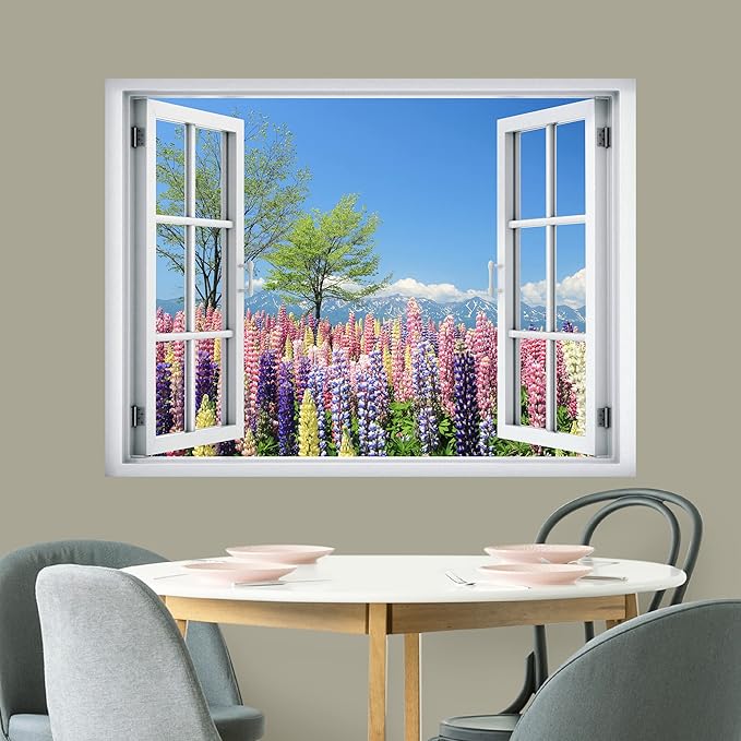 wall26 Removable Wall Sticker/Wall Mural Window View Summer Springtime Lavender Flower Field Wilderness Nature Photography Realism Rustic Landscape Colorful for Living Room, Bedroom, Office - 36"x48"