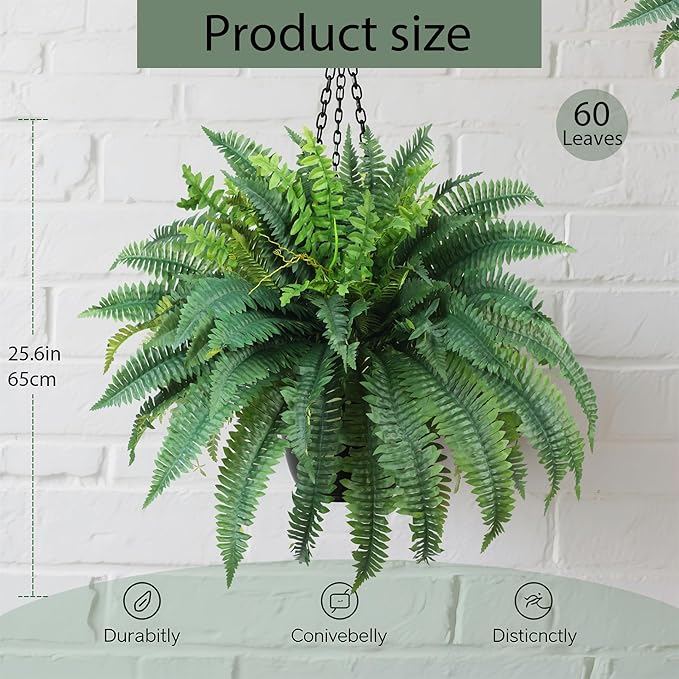Fake Ferns Artificial Ferns for Outdoors Large Faux Ferns UV Resistance for Outdoor Large Planter Realistic Artificial Boston Fern Plants for Garden Balcony Terrace Decor 25.6In,2Pack,60Leaves