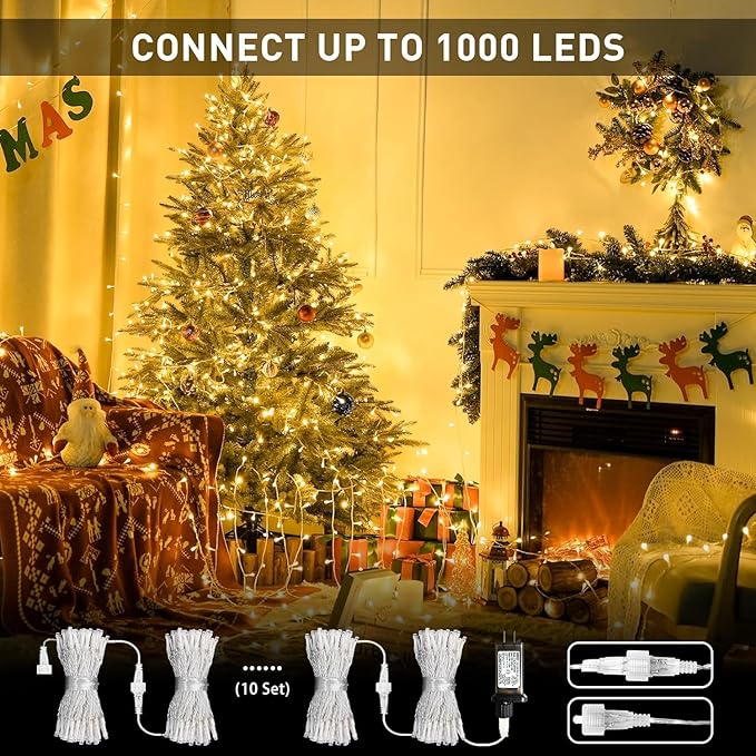 JMEXSUSS Connectable Warm White Christmas Lights Indoor Outdoor, 91.5ft 250 LED Christmas String Lights, 8 Modes Twinkle String Light Plug in for Tree Party Decoration