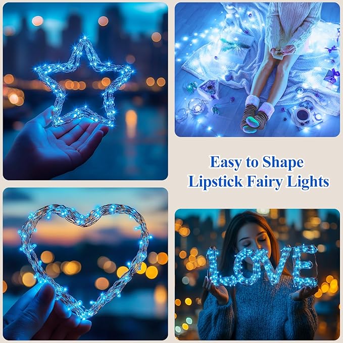 Lakumu 32FT(16 * 2) LED String Lights Battery Operated, Rechargeable Fairy Lights with Timer, Mini Twinkle Lights for Bedroom, Christmas, Wedding,Centerpiece Table Decor Blue