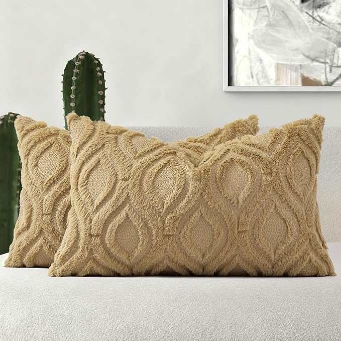 decorUhome Throw Pillow Covers 12x20 Inch Set of 2, Soft Plush Faux Wool Khaki Solid Couch Pillow Covers, Accent Farmhouse Neutral Lumbar Pillow Cases for Sofa Bed Living Room