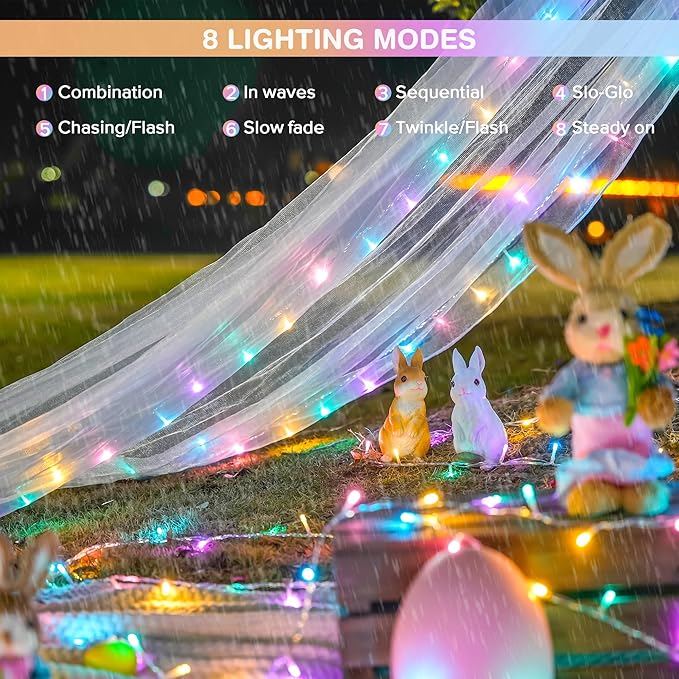 JMEXSUSS 2 Pack 100 LED Easter String Lights Indoor Outdoor, 33ft Multicolor Easter Lights Plug in, 8 Modes Connectable Colorful Christmas String Lights for Easter Bedroom Party Decorations