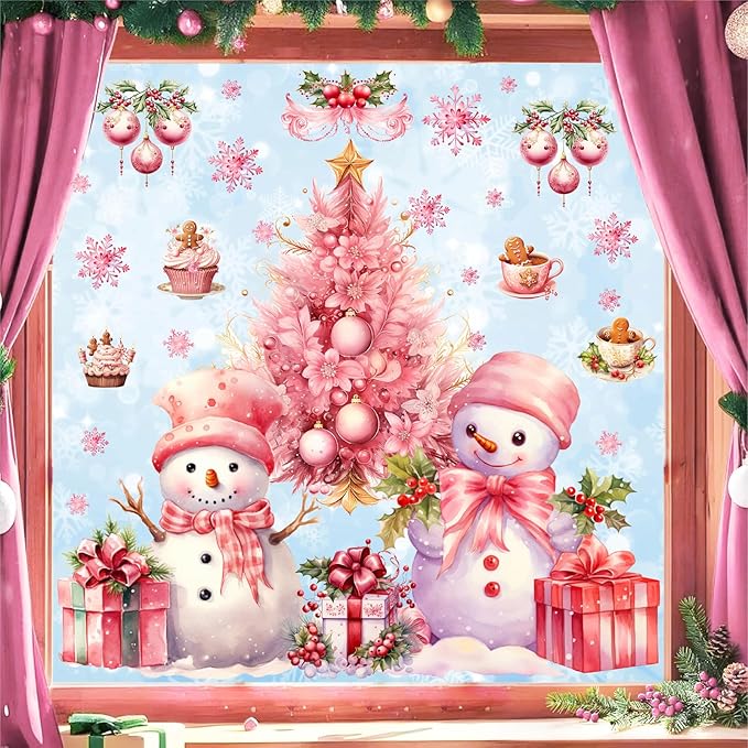 Pink Christmas Window Clings Removable Snowman Static Decals Indoor Home Decoration Double-Sided Xmas Tree Stickers for Glass Winter Pine Tree Snowflakes Cling for Living Room Holiday Party Supplies