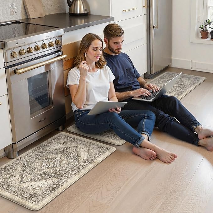 KIMODE Anti Fatigue Kitchen Mats, Boho Distressed Kitchen Floor Mats 20"x59"+20"x32", Non Slip Waterproof Kitchen Rugs, Padded Comfort Standing Mats for Laundry Office Sink Desk Brown