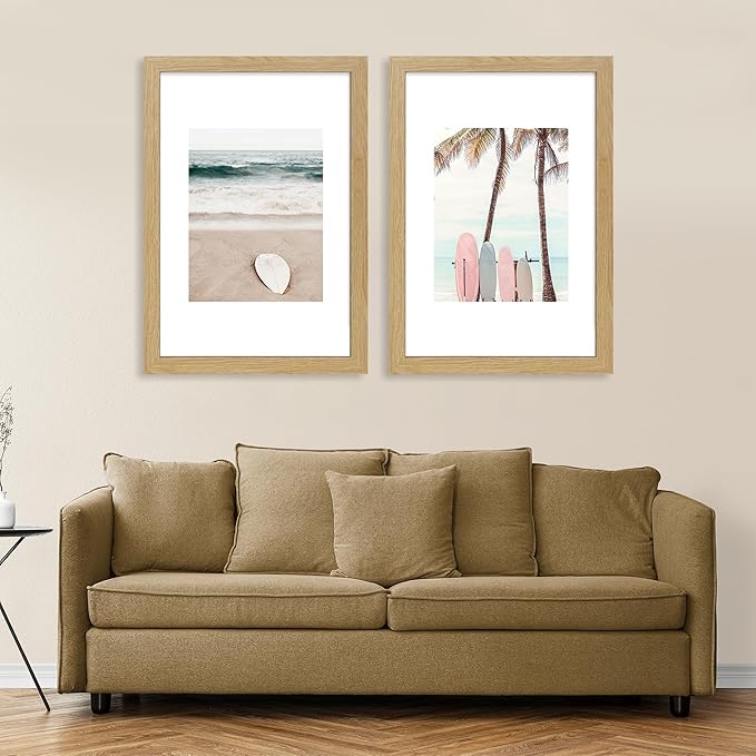14x20 Picture Frame Set of 2, Natural Oak Wood Style - Display 14 x 20 Picture without Mat or 12x18 Picture with Mat, Wall Mounting Horizontal and Vertical