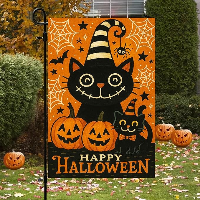 Halloween Garden Flag Black Cat Pumpkin Double Sided 12x18 Inch Trick Or Treat Fall Outdoor Flag Spooky Ghost Spider Web Sign for Lawn Yard Porch Party Seasonal Holiday Halloween Decoration