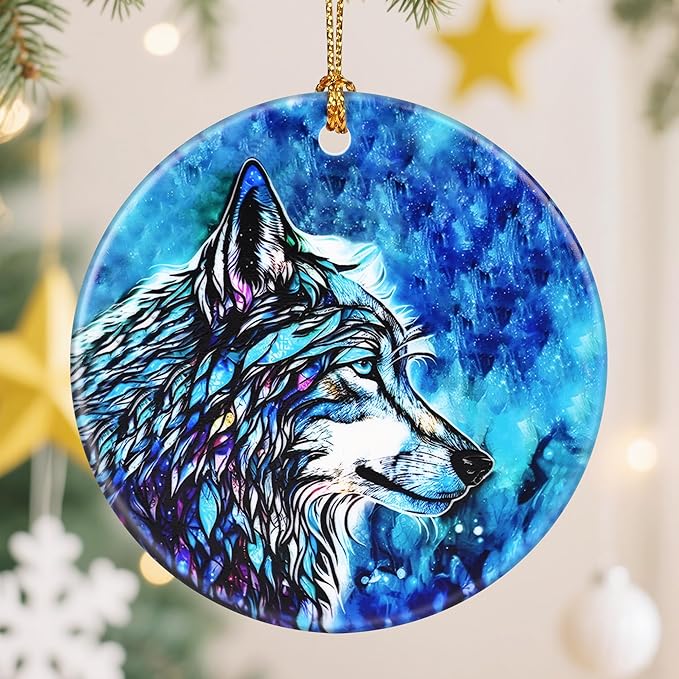 Ceramic-Style Christmas Tree Decorations, Christmas Ornaments, Double-Sided Printed Ornament Keepsakes, Holiday Decor. Xmas Gifts, Gifts for Wolf Lovers - Wolf-Themed