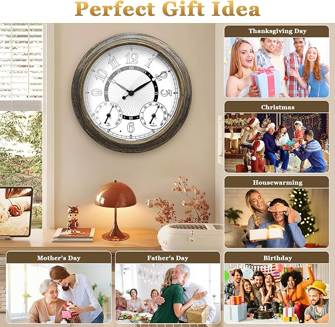 Illuminated Large Metal Outdoor Clocks Waterproof 18 Inches With AI Auto Light Smart Sensor,Extra Big Indoor Outdoor Wall Clocks With Thermometer & Hygrometer for Patio, Pool, Garden,Porch